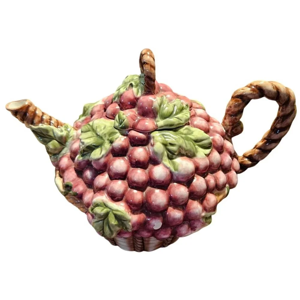 Tea Pot‎ Kitchen Creations Ceramic Grapes Basket & Green Teapot Candle Holder